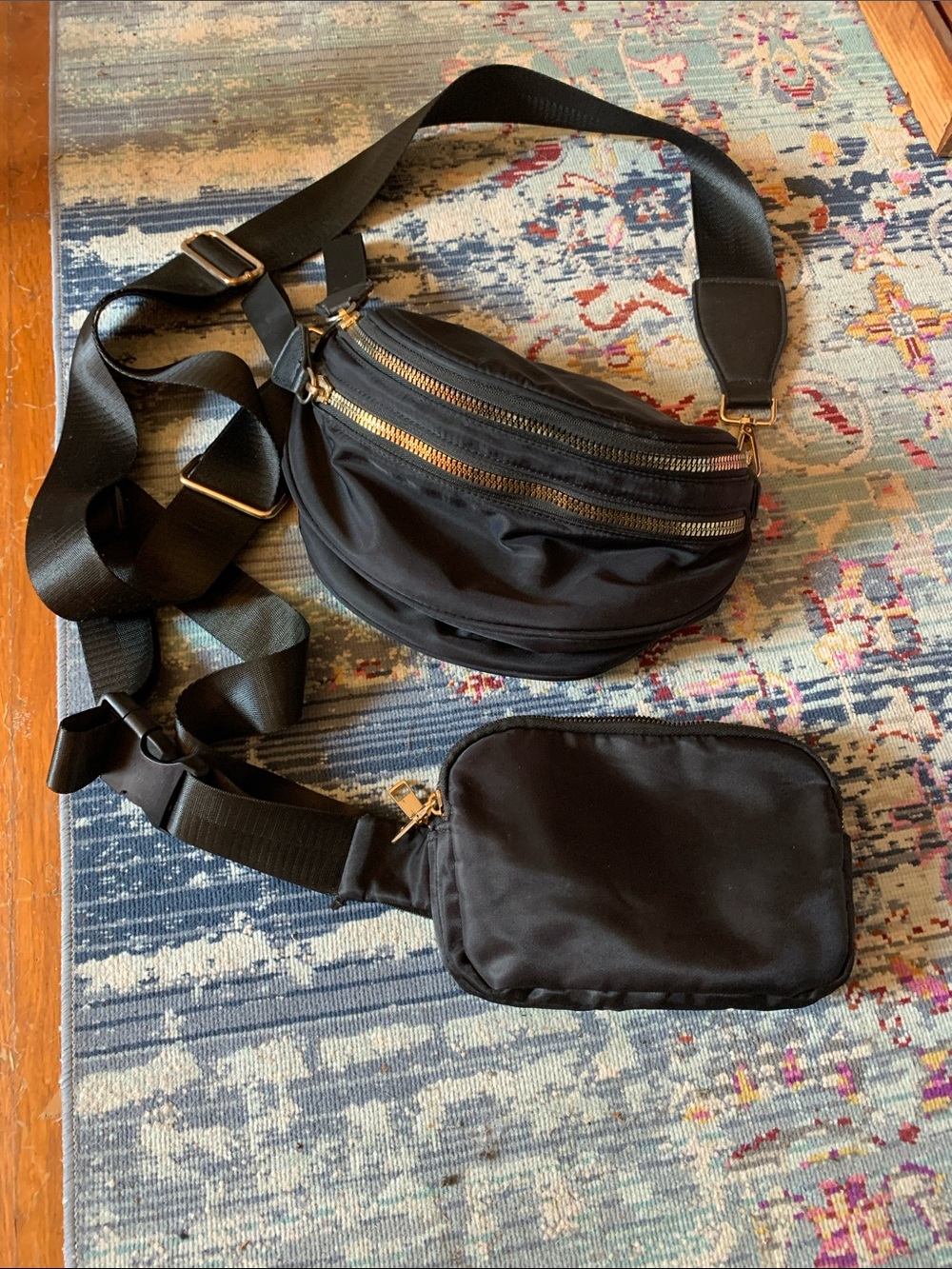 2 Black Crossbody Sling Bag with Gold Zippers both bum style one large & small